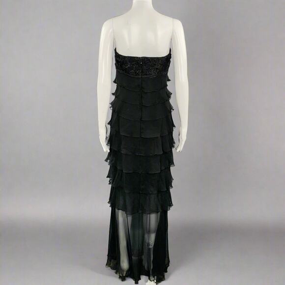 SHAWN RAY FONS Size 6 Black Silk Lace Ruffle Long Cocktail Dress - Picture 4 of 7